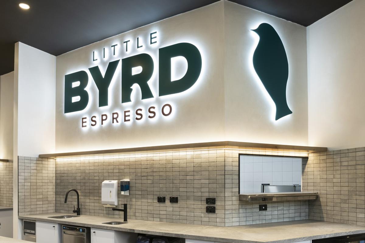 Little Byrd espresso café shopfront with minimalist signage and contemporary fitout design