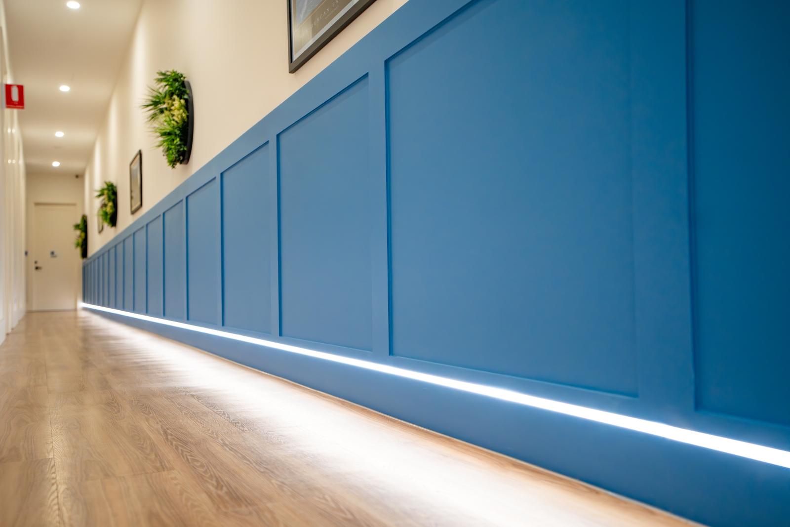 Modern office fitout with blue feature wall panelling and ambient LED lighting along timber flooring